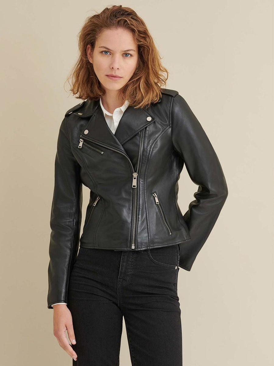 Women & Ladies Stylish Party Casual Wear Fashionable Asymmetrical Black Biker Leather Jacket, Moto – view 2