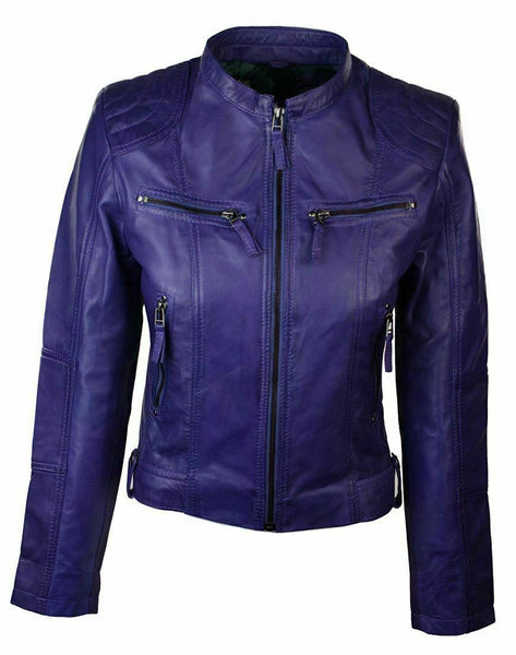 Noora New Women Lambskin Leather Purple Jacket Biker Modern Stylish Jacket With Zipper & Pockets QD466 - Noora International