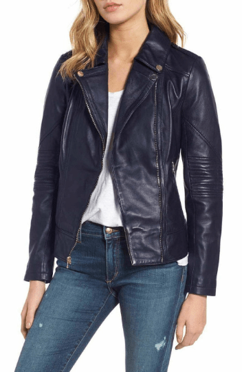Noora New Women Lambskin Navy Blue Leather Jacket, Slim Fit Motorcycle Biker Stylish Jacket YK063 - Noora International