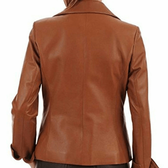 Noora New Women Lambskin Shiny Brown Leather Blazer Jacket For Meetings, Slim Fit Jacket, Office Wear Blazer With Cuff Sleeves YK073 - Noora International