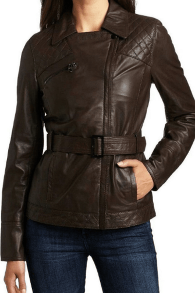 NOORA New Women Lambskin Shiny Brown Leather Jacket, Retro Style Biker Belted Jacket, Quilted Designer Slim Fit Jacket YK075 - Noora International