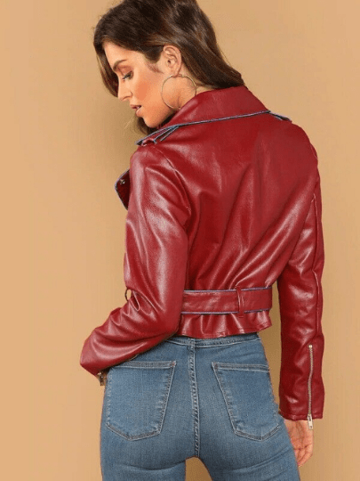 Noora New Women Lambskin Shiny Dark Red Leather Jacket, Belted Cropped Biker Jacket, Designer Cropped Jacket With Blue Piping YK060 - Noora International