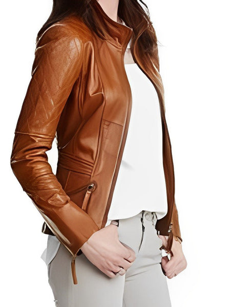 Noora New Women Lambskin Tan Leather Jacket | Motorcycle Jacket, Zip Closure Designer Jacket YK062 - Noora International