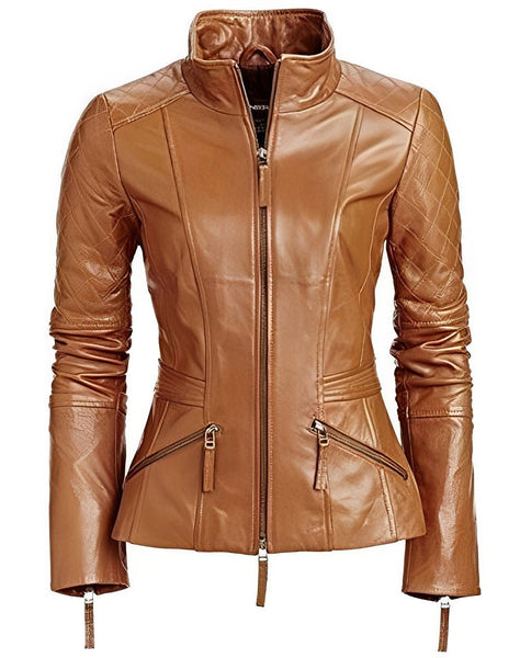 Noora New Women Lambskin Tan Leather Jacket | Motorcycle Jacket, Zip Closure Designer Jacket YK062 - Noora International