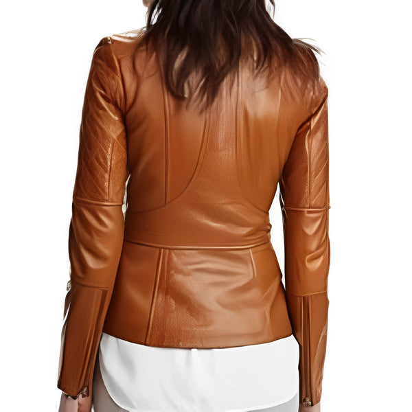 Noora New Women Lambskin Tan Leather Jacket | Motorcycle Jacket, Zip Closure Designer Jacket YK062 - Noora International