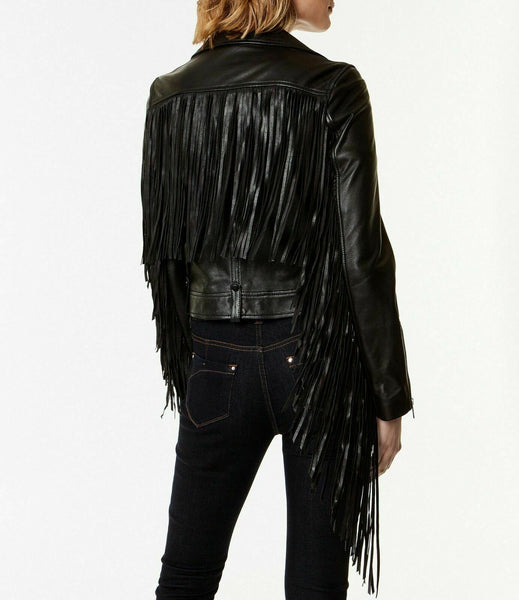NOORA New Women Leather Lambskin Crop Jacket Black Fringe Biker Motorcycle QD29 - Noora International