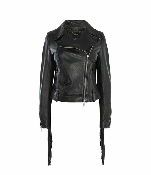 NOORA New Women Leather Lambskin Crop Jacket Black Fringe Biker Motorcycle QD29 - Noora International