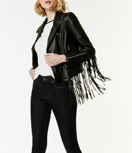 NOORA New Women Leather Lambskin Crop Jacket Black Fringe Biker Motorcycle QD29 - Noora International