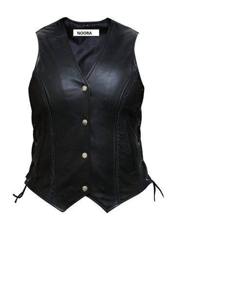 Noora New Women Motorcycle Biker Soft Leather WAISTCOAT, Black Colour Sleeveless VEST With Button P - Noora International