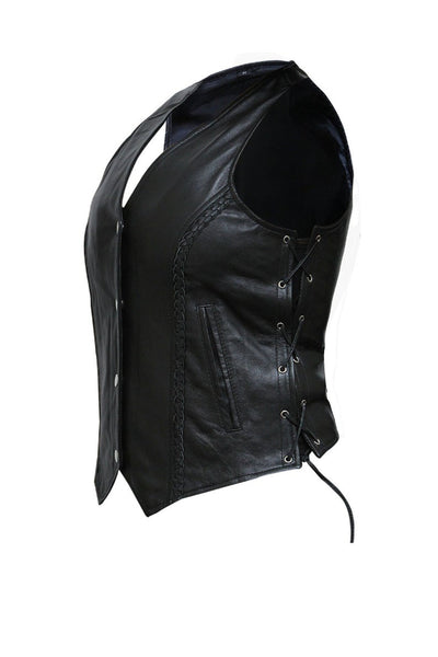 Noora New Women Motorcycle Biker Soft Leather WAISTCOAT, Black Colour Sleeveless VEST With Button P - Noora International