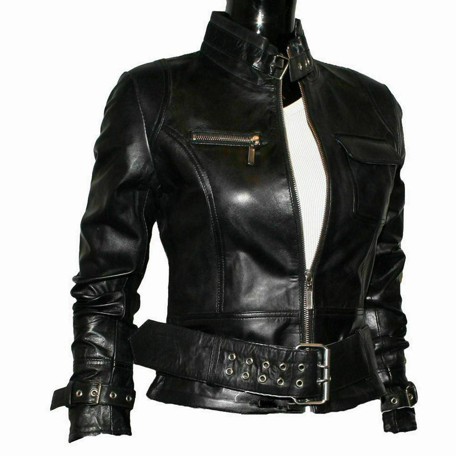 Women real Black Leather Jacket Lambskin Biker Styles Modern – view 2