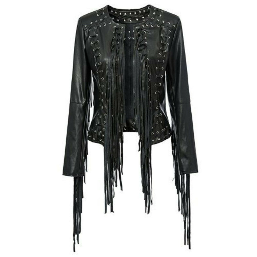 Women's Lambskin Leather Jacket Black Fringe Biker Jacket – view 2