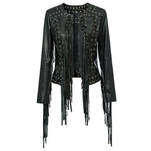 NOORA New Women's 100% Lambskin Leather Jacket Black Fringe Biker Jacket YK40 - Noora International