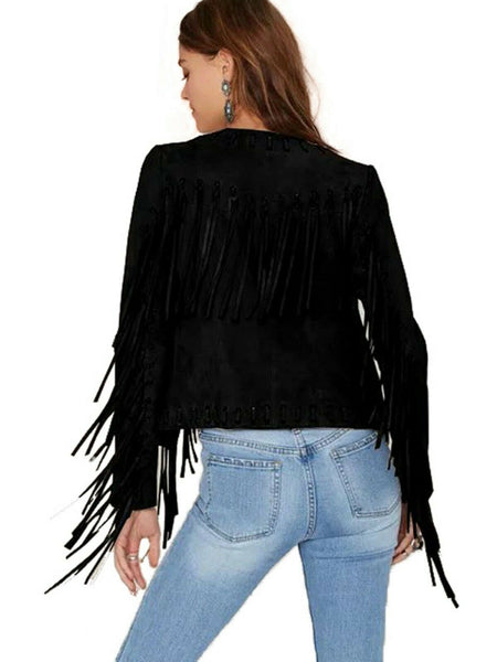 NOORA New Women's 100% Lambskin Leather Jacket Black Fringe Biker Jacket YK40 - Noora International