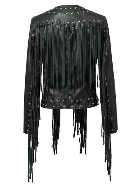 NOORA New Women's 100% Lambskin Leather Jacket Black Fringe Biker Jacket YK40 - Noora International