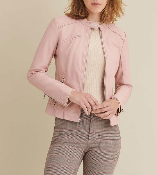 Noora New Womens Biker Jacket with collar Belt Baby Pink Lambskin Leather Jacket With Quilted Patches Yk095 - Noora International