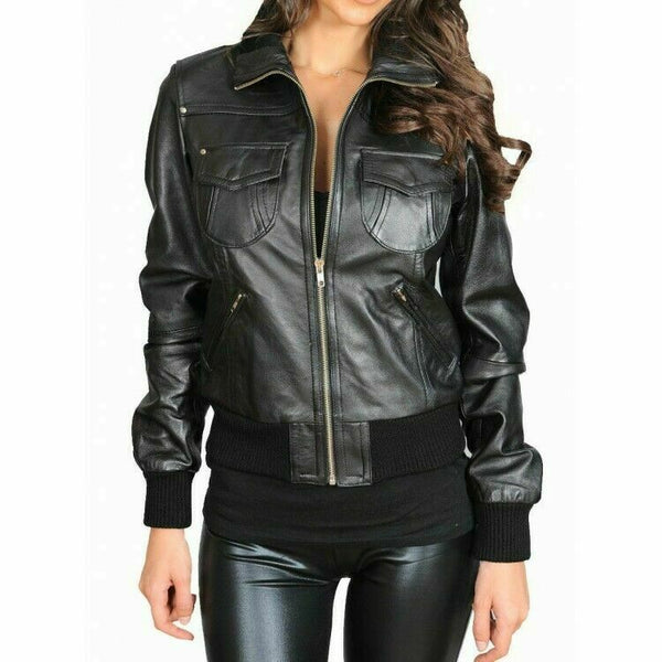 Noora New Women's Black Leather BOMBER Jacket Lambskin Motorcycle SLIM FIT SP43@ - Noora International