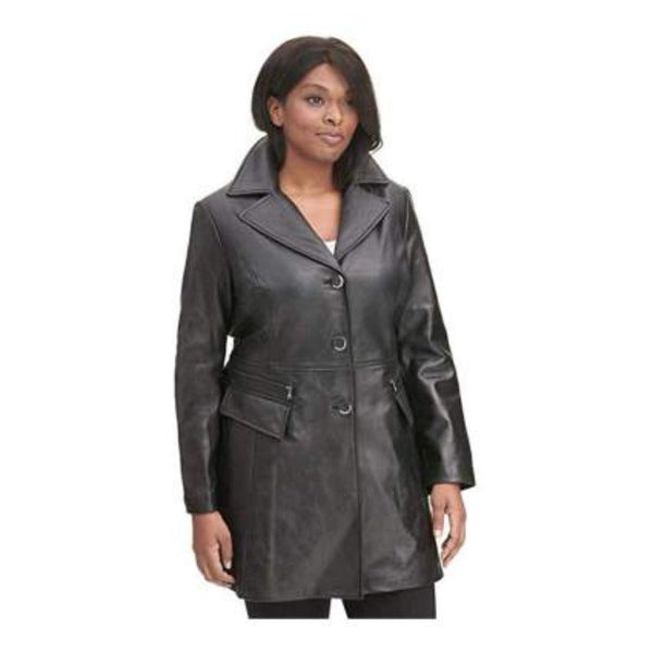 Noora New Womens Black Leather Trench Coat | Black Leather Trench Coat With Button Closure & Pocket SU0169 - Noora International