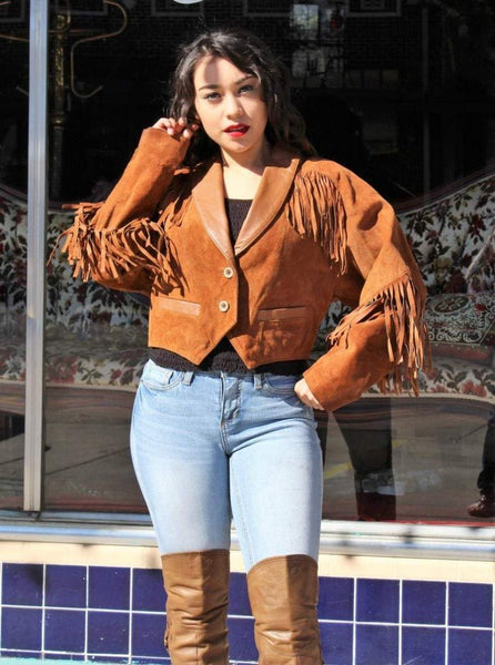 NOORA New Womens Brown Suede Leather Fringe Jacket | Western Fringe Coat, Out Wear Cow Girls Style Jacket YK0219 - Noora International