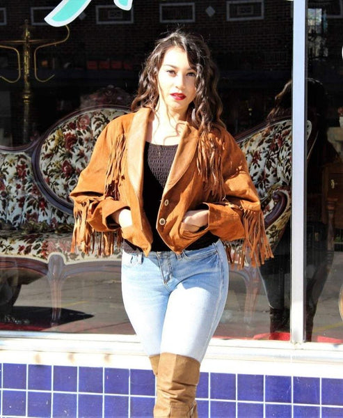 NOORA New Womens Brown Suede Leather Fringe Jacket | Western Fringe Coat, Out Wear Cow Girls Style Jacket YK0219 - Noora International