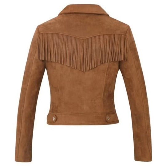 NOORA New Women's Brown Suede Leather Western Women Fringe Jacket Vintage Tassel Motor Biker Suede Jacket JS21 - Noora International