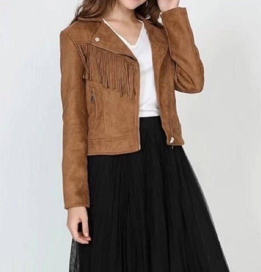 NOORA New Women's Brown Suede Leather Western Women Fringe Jacket Vintage Tassel Motor Biker Suede Jacket JS21 - Noora International