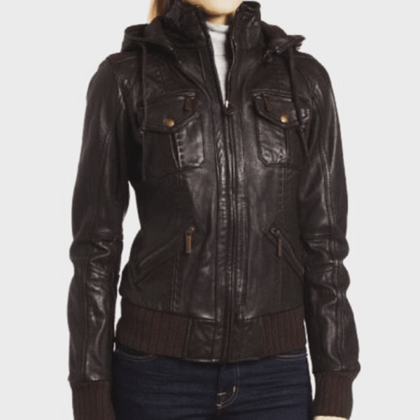 NOORA New Women's Dark Brown Lambskin Leather Jacket | Bomber Biker Jacket | Glossy Leather Jacket With Hooded YK049 - Noora International