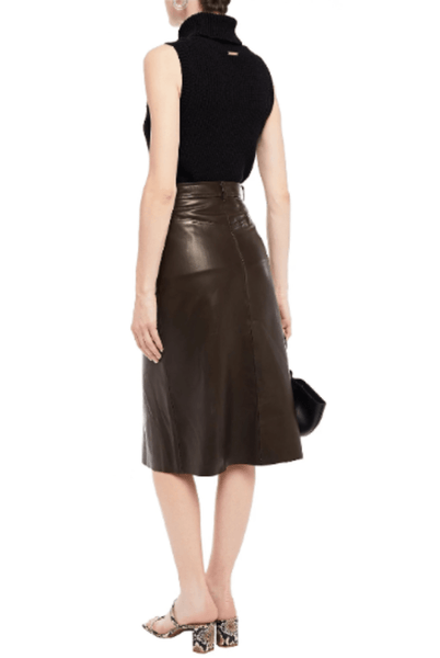 Noora New Women's Dark Brown Long Straight Line Leather Skirt With Button Closure | Dark Brown Knee Length Leather Skirt | SU0106 - Noora International