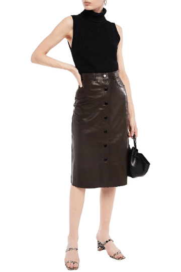 Noora New Women's Dark Brown Long Straight Line Leather Skirt With Button Closure | Dark Brown Knee Length Leather Skirt | SU0106 - Noora International