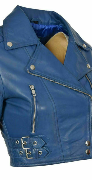 NOORA New Womens Genuine Lambskin Leather Cropped Blue Jacket Modern Biker QD249 - Noora International