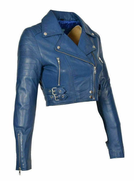 NOORA New Womens Genuine Lambskin Leather Cropped Blue Jacket Modern Biker QD249 - Noora International