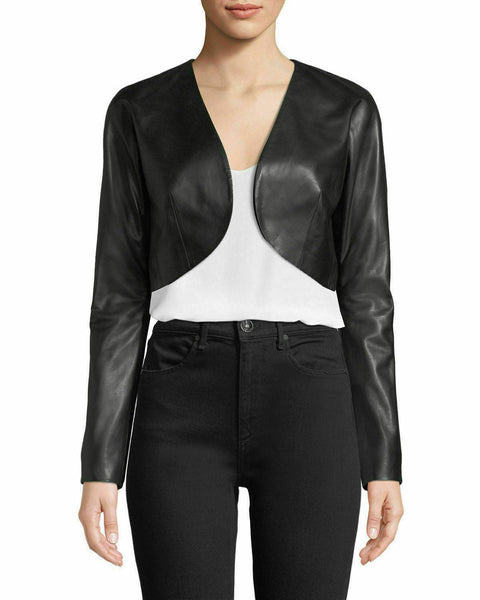 Noora New Womens Genuine Leather Jacket Shrug Cropped Jacket Black Modern QD214 - Noora International
