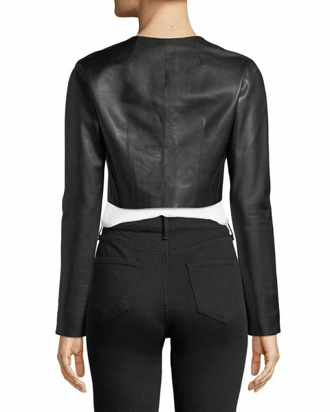 Noora New Womens Genuine Leather Jacket Shrug Cropped Jacket Black Modern QD214 - Noora International