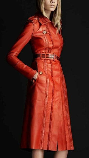 NOORA New Women's Genuine Leather Soft Lambskin Trench Coat Long Overcoat BS-187 - Noora International