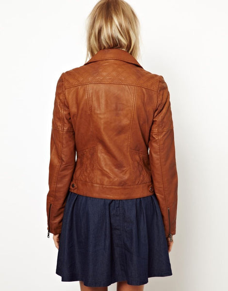 Noora New Womens Genuine Soft Lambskin Leather Brick Tan Leather Jacket, Motor Biker fashion Jacket YK02 - Noora International