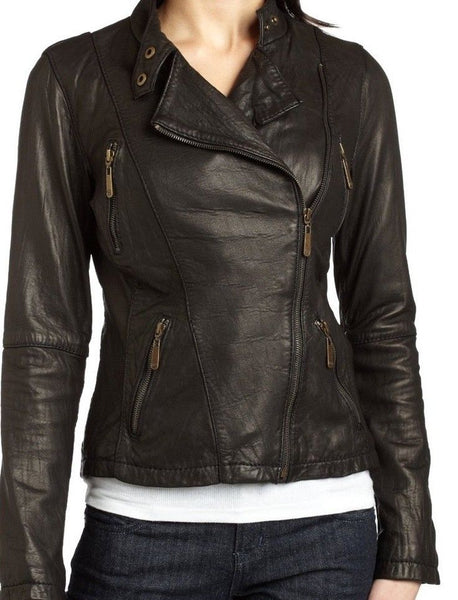 NOORA New Women's / Girls 100% Authentic Lambskin leather Dark Brown Jacket, Slim Fitted Leather Jacket YK06 - Noora International
