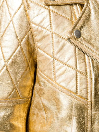 Noora New Women's GOLD Color 100% Lambskin Shiny leather Jacket With Quilted Patches, Belt & Zipped Pocket UN19 - Noora International
