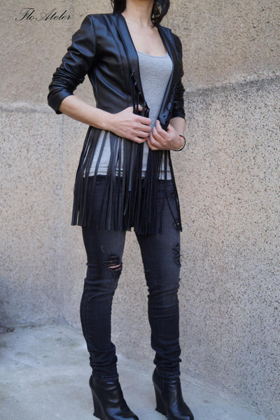 Noora New Womens Lambskin BLACK Fringe Leather Jacket With Long Sleeves, Designer Biker Coat YK0216 - Noora International
