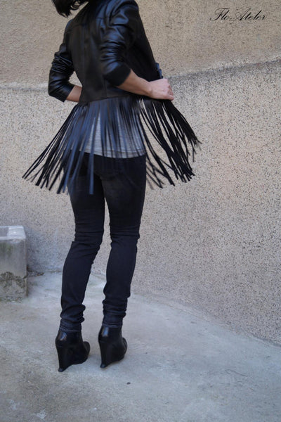Noora New Womens Lambskin BLACK Fringe Leather Jacket With Long Sleeves, Designer Biker Coat YK0216 - Noora International