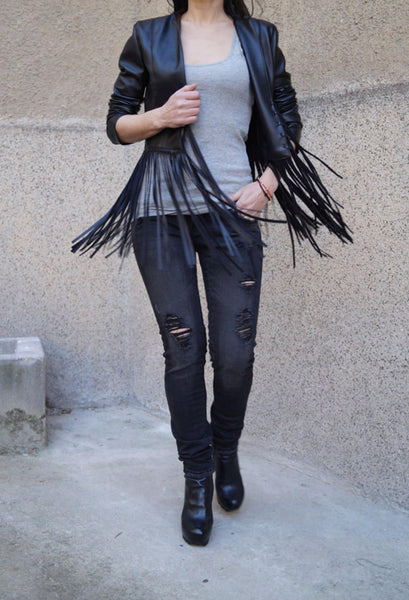 Noora New Womens Lambskin BLACK Fringe Leather Jacket With Long Sleeves, Designer Biker Coat YK0216 - Noora International