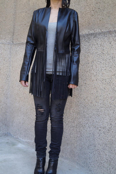 Noora New Womens Lambskin BLACK Fringe Leather Jacket With Long Sleeves, Designer Biker Coat YK0216 - Noora International
