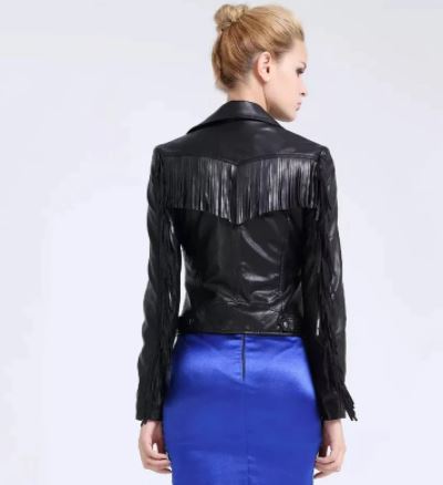 Noora New Womens Lambskin Black Fringe Leather Jacket With Long Sleeves, Tassel Designer Biker Coat YK0237 - Noora International