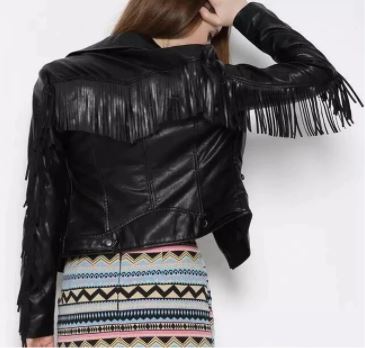Noora New Womens Lambskin Black Fringe Leather Jacket With Long Sleeves, Tassel Designer Biker Coat YK0237 - Noora International