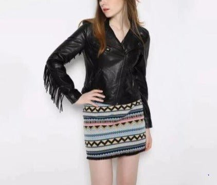 Noora New Womens Lambskin Black Fringe Leather Jacket With Long Sleeves, Tassel Designer Biker Coat YK0237 - Noora International