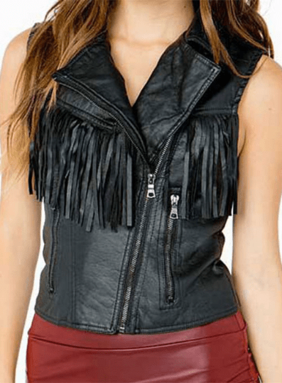 Noora New Womens Lambskin BLACK Fringe Leather Jacket With Sleeveless Jacket | Designer Biker Jacket YK080 - Noora International