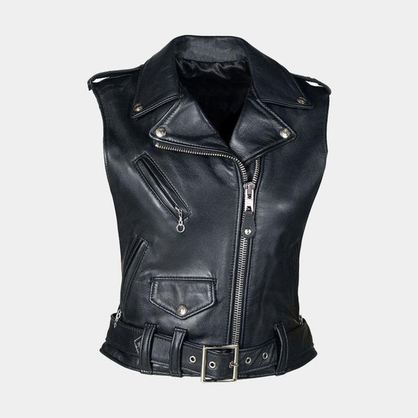 Noora New Womens Lambskin Black Leather Jacket Sleeveless Biker Jacket YK0221 - Noora International