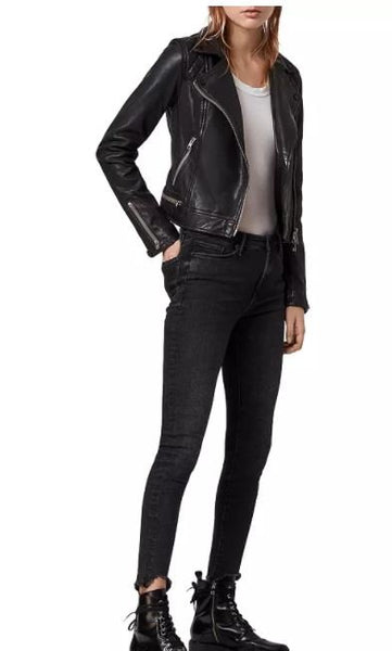 Noora New Womens Lambskin Black Leather Jacket With Long Sleeves Zipper & Snap, Trendy Biker Style Jacket rt148 - Noora International