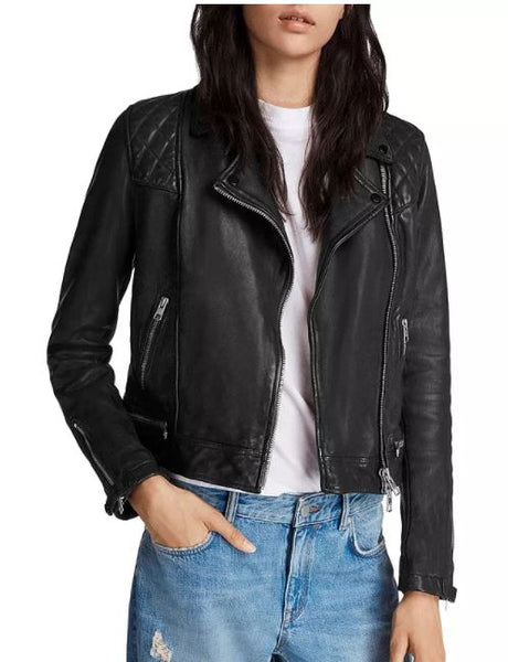 Noora New Womens Lambskin Black Leather Jacket With Long Sleeves Zipper & Snap, Trendy Biker Style Jacket rt148 - Noora International