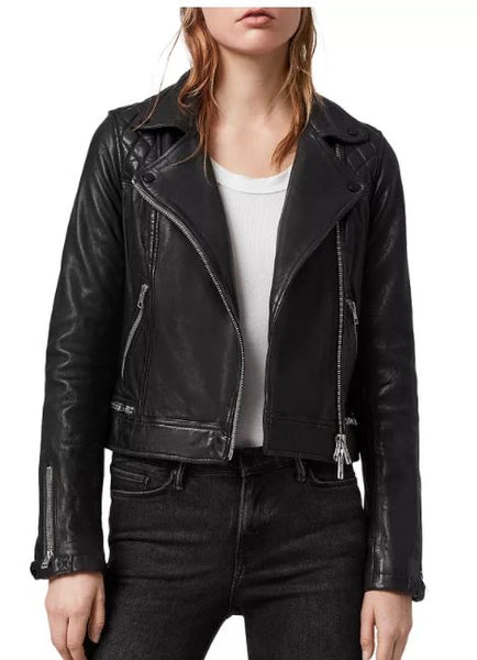 Noora New Womens Lambskin Black Leather Jacket With Long Sleeves Zipper & Snap, Trendy Biker Style Jacket rt148 - Noora International