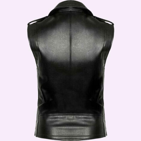 Noora New Womens Lambskin Black Leather Vest Coat With Belted, Designer Biker Sleeveless Coat YK0239 - Noora International
